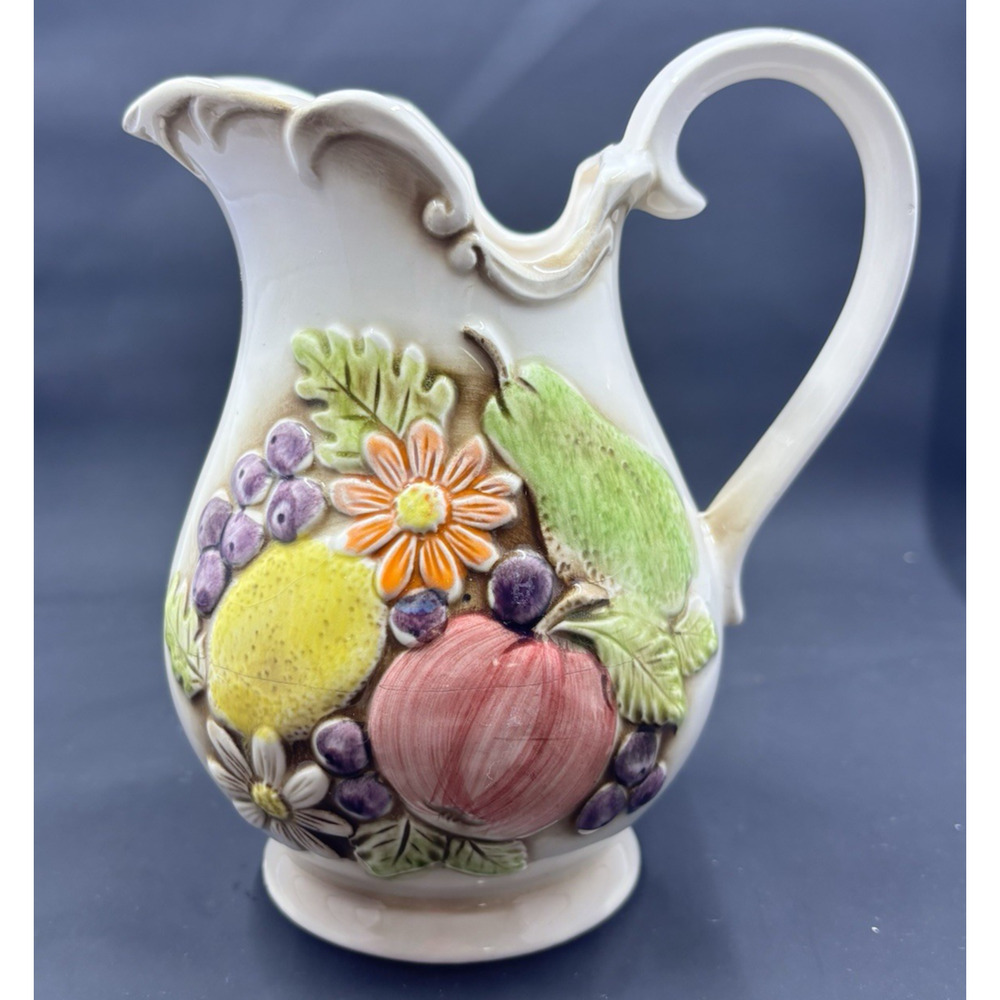 Ceramic Pitcher, 3d fruit/flower, vintage, 6 inches tall,colorful, country, folk